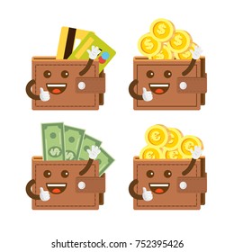 Set Of Happy Emoji Wallets With Bills, Coins, Bank Cards And Bitcoins. Happy Wallets Full Of Money