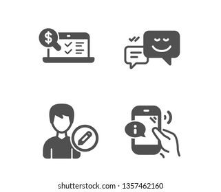 Set of Happy emotion, Edit person and Online accounting icons. Call center sign. Web chat, Change user info, Web audit. Phone support.  Classic design happy emotion icon. Flat design. Vector
