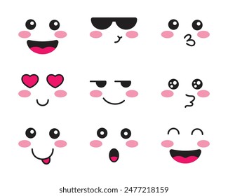 A set of happy emotions for a cartoon character, including emotions of love, surprise, joy, and others. 