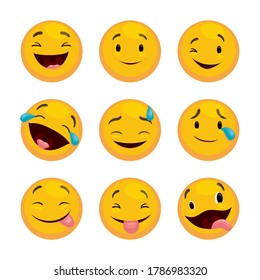 
Set of happy, excited and crazy emoticons: grinning face, smiling, winking, laughing, cold sweat, crying of joy and 3 different forms of tongue out and crazy emojis!