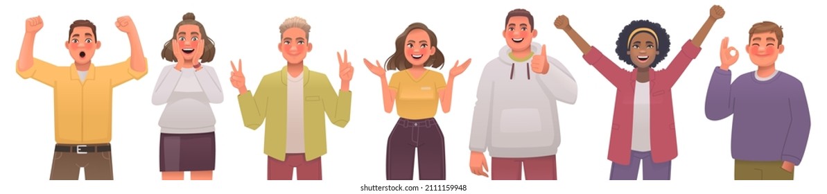 Set of happy, excited, joyful people. Men and women, teenagers show positive gestures. Wow, ok, cool, amazement and victory. Expression of positive emotions. Vector illustration in cartoon style