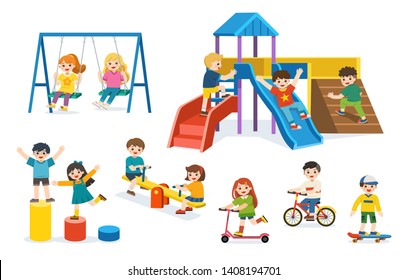 Set of Happy excited kids having fun together. Children playing in playground. Colorful isometric playground elements set with Kids. 