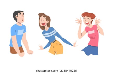 Set of happy excited people. Funny man and woman showing various positive emotions cartoon vector illustration