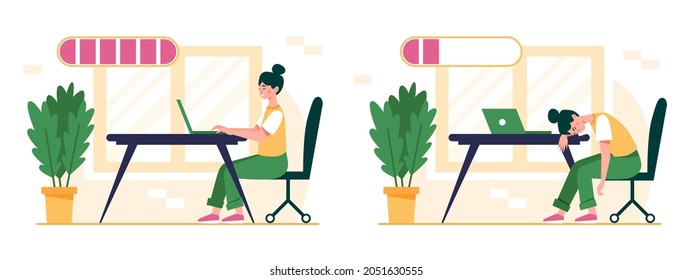 Set of happy and exhausted female office worker with full and low battery charge indicator. Burnout concept with energetic and tired woman and life energy indication. Flat vector illustration.