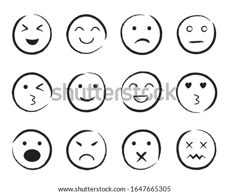 Set of happy face hand drawn style. Sketch smiley, sad, angry face doodle icon. Emoji emoticon for social media. Cartoon people faces on isolated background. Expression emotion. Set line mood. vector Foto d'archivio © 
