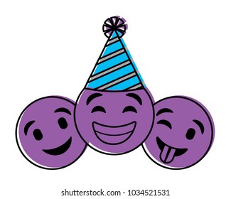 set happy faces emoticon purple cartoon