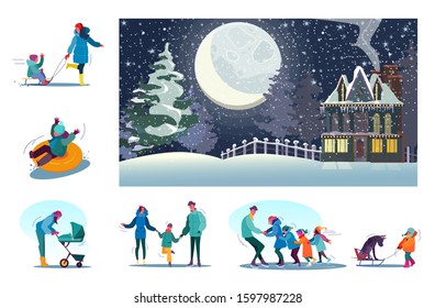 Set of happy families enjoying winter at rural area. Flat vector illustrations of people skating, spending time together. Winter leisure concept for banner, website design or landing web page