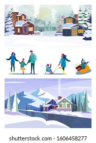 Set of happy families enjoying winter at rural area. Flat vector illustrations of people skating, riding sledge. Winter leisure concept for banner, website design or landing web page