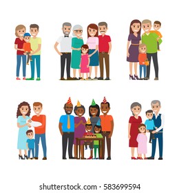 Set of happy families group portraits. Smiling father and mother standing with children, grandparents and celebrating kids birthday with friends isolated flat vector. Happy relatives illustrations