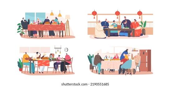 Set of Happy Families Having Dinner Around Table with Food. African, Jewish, Arab and Asian Characters Mother, Father, Granny and Kids People Eating Meal. Cartoon People Vector Illustration