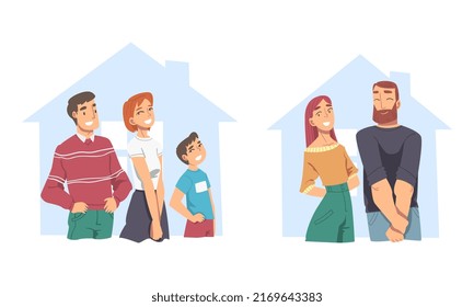 Set of happy families inside the house. Family protection, stay at home concept cartoon vector illustration