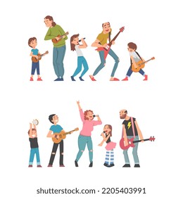 Set of happy families playing music and singing together cartoon vector illustration