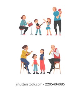 Set of happy families playing music and singing. Parents and children spending good time together cartoon vector illustration