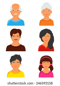 Set of happy family avatars with grandmother, grandfather, father, mother and children on white background.