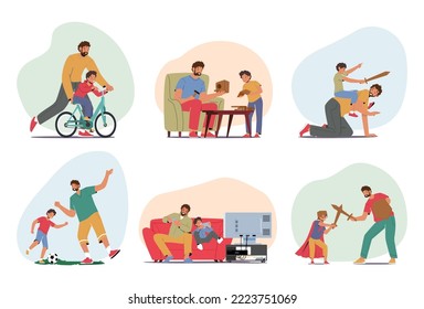 Set von glücklichen Familiencharakter Papa und Little Son verbringen Zeit zusammen, um Vögel Haus zu bauen, Reiten Fahrrad, Spielen in Rittern, Kinderreiten auf dem Vater zurück. Vektorgrafik von Cartoon People