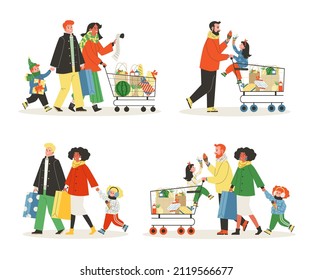 Set of happy family characters making purchases, flat vector illustration isolated on white background. Parents and children with carts and bags shopping together.