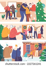 Set Happy Family Characters Meeting for Christmas Holidays. Parents with Children Visit Grandparents at Home. Winter Vacation, Xmas and New Year Celebration. Cartoon People Vector Illustration