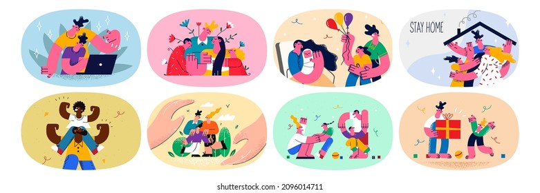 Set of happy family with children have fun play relax on corona virus quarantine. Collection of parents with kids rest stay indoors at home on covid-19 lockdown pandemic. Flat vector illustration. 