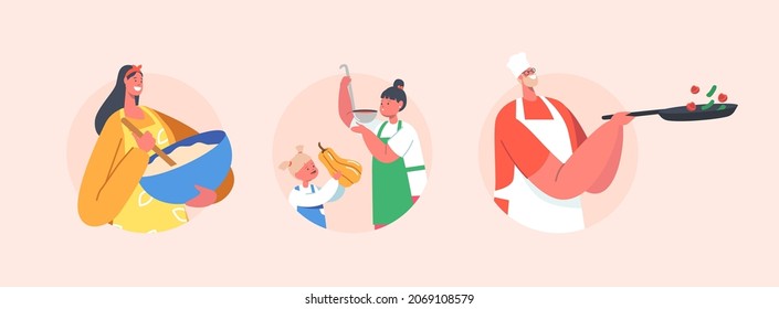 Set Happy Family Cooking at Home, Mother Mixing Dough, Father Frying Veggies and Little Kids Tasting. Parents and Children Preparing Food, Characters Spare Time Together. Cartoon Vector Illustration