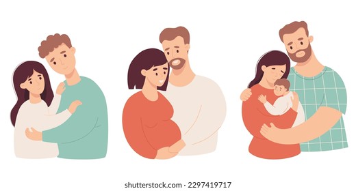 Set Happy family. Cute in love couple with pregnant woman and pair with newborn baby. Isolate vector illustrations in cartoon flat style. Future parents, pregnancy motherhood, parenthood concept