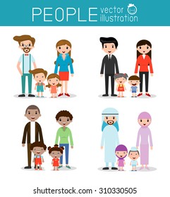 set of Happy family, Different nationalities and dress styles, people character cartoon concept,  African-American, Asian, Arab, European,family, mother, father, girl, boy, Vector Illustration