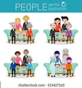 set of Happy family, Different nationalities and dress styles, people character cartoon concept, African-American, Asian, Arab, European,family, mother, father,grandparents, girl, boy, Vector