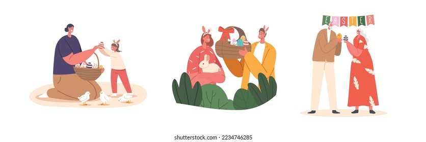 Fijar Feliz Celebración Familiar De Pascua. Padres e hijos, parejas jóvenes y mayores con huevos coloridos, conejo y cesta con huevos pintados durante las vacaciones de primavera. Ilustración de vectores de personas de caricatura