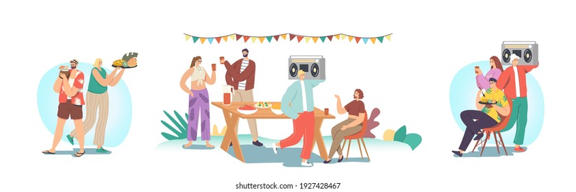 Set Happy Family Or Friends Celebrate Garden Party. Male Or Female Characters Sitting At Table, Eating And Communicate, Joyful People At House Yard. Summer Holiday Relax. Cartoon Vector Illustration