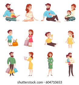 Set of happy family members with mom dad daughter son with bag cartoon style isolated vector illustration