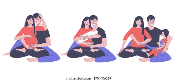 Conjunto de una familia feliz de padres con un bebé. Madre embarazada. Mamá y papá admiran a su bebé recién nacido. El bebé adulto se sienta en los brazos de papá. Ilustración vectorial plana.