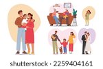 Set of Happy Family, Parents Characters Holding Baby on Hands, Smiling Children and Grandparents, Newlyweds Exudes Love, Joy, Togetherness, Human Relation Concept. Cartoon People Vector Illustration