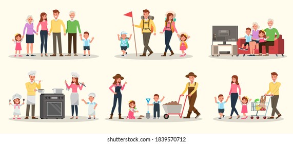 Set of Happy family people mother, father, grandparents and children together character vector design. Presentation in various action with emotions, running, standing and walking.