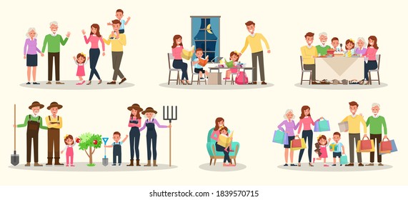 Set of Happy family people mother, father, grandparents and children together character vector design. Presentation in various action with emotions, running, standing and walking.