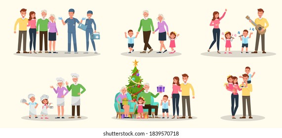 Set of Happy family people mother, father, grandparents and children together character vector design. Presentation in various action with emotions, running, standing and walking.