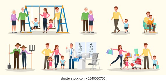 Set of Happy family people mother, father, grandparents and children together character vector design. Presentation in various action with emotions, running, standing and walking.