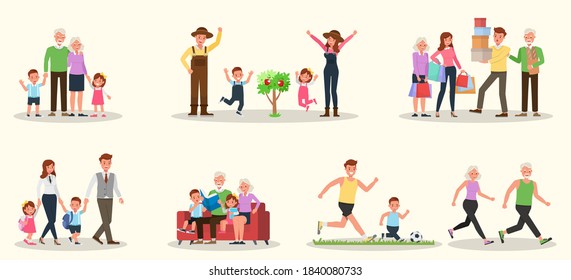 Set of Happy family people mother, father, grandparents and children together character vector design. Presentation in various action with emotions, running, standing and walking.