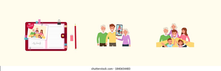 Set of Happy family people mother, father, grandparents and children together character vector design. Presentation in various action with emotions, running, standing and walking.