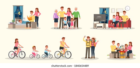 Set of Happy family people mother, father, grandparents and children together character vector design. Presentation in various action with emotions, running, standing and walking.