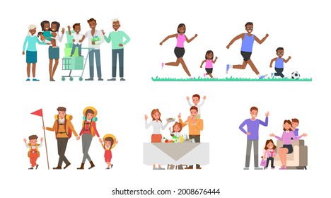 Set of Happy family people mother, father, grandparents and children together character vector design. Presentation in various action with emotions, running, standing and walking.