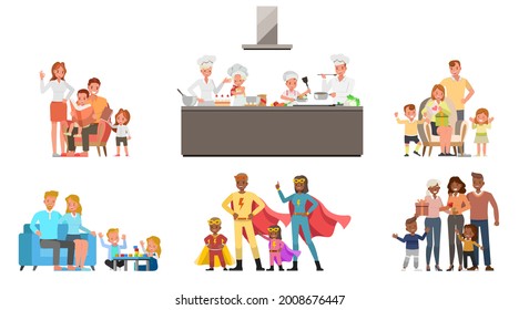 Set of Happy family people mother, father, grandparents and children together character vector design. Presentation in various action with emotions, running, standing and walking.