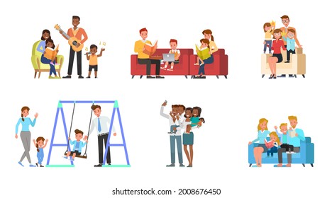 Set of Happy family people mother, father, grandparents and children together character vector design. Presentation in various action with emotions, running, standing and walking.