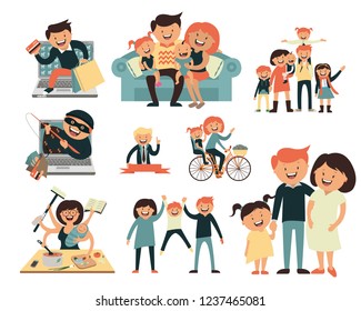 set of happy family, people, with their suitcases family, dinner ,mom reads a story to children, large, Muslim, fashion illustration, stylish teenagers, friendship , vector