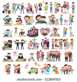 set of happy family, people, with their suitcases family, dinner ,mom reads a story to children, large, Muslim, fashion illustration, stylish teenagers, friendship , vector