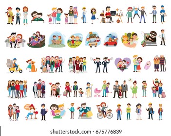 set of happy family, people, with their suitcases family, dinner ,mom reads a story to children, large, Muslim, fashion illustration, stylish teenagers, friendship , vector