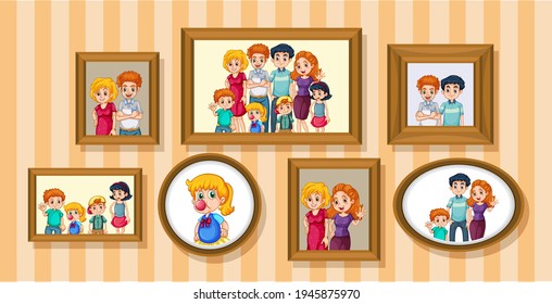 Set of happy family photo on the wooden frame illustration