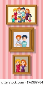 Set of happy family photo on the wooden frame illustration