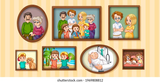 Set of happy family photo on the wooden frame illustration
