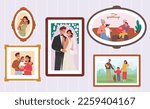 Set Of Happy Family Photos in Frames, Parents Holding Baby On Hands, Smiling Children And Grandparents, Newlyweds Exudes Love, Joy, Togetherness, Human Relation. Cartoon People Vector Illustration