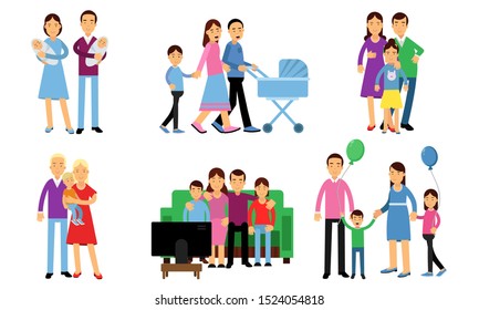 Set With Happy Family Relation And Spending Time Together Concept Vector Illustrations