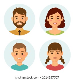 Set Of Happy Family Round Avatars, Flat Design Style. Vector Illustration.